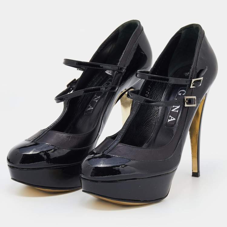 Pre Owned Gina Black Patent Leather Mary Jane Platform Pumps Size 39.5