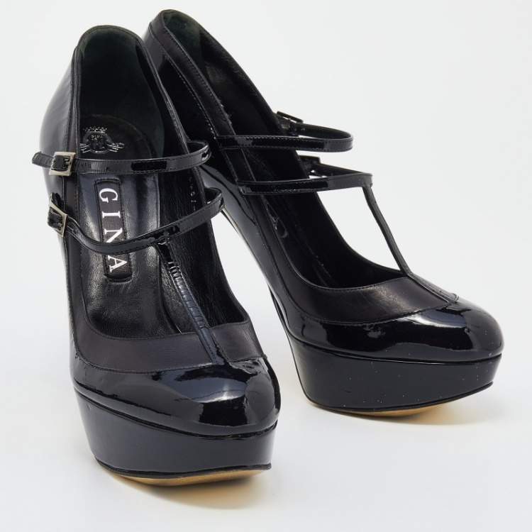 Pre Owned Gina Black Patent Leather Mary Jane Platform Pumps Size 39.5