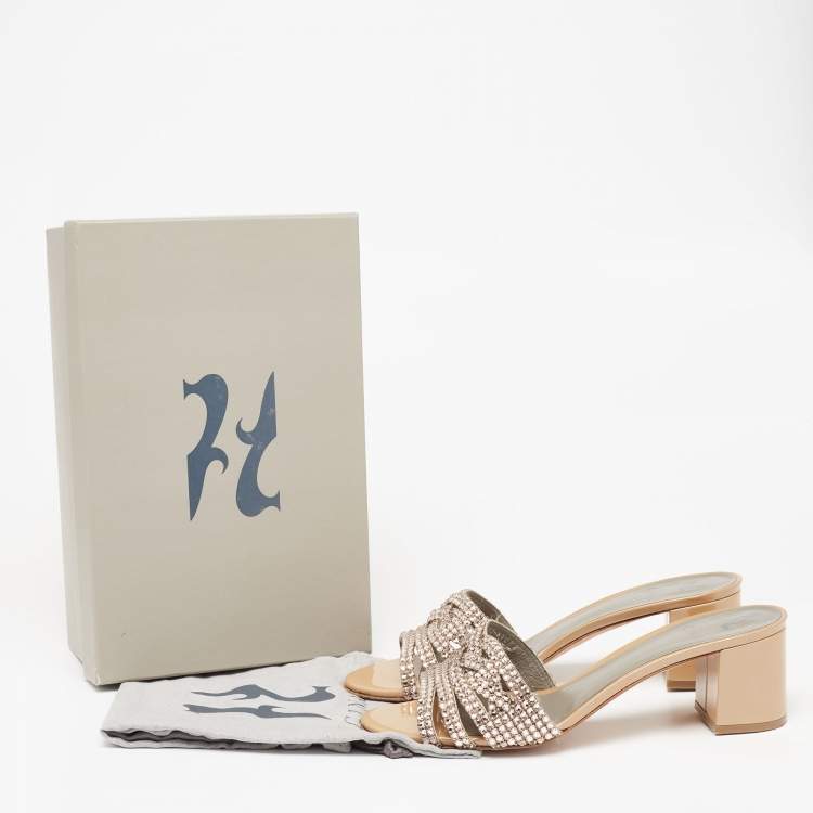 Pre Owned Gina Gold Patent Crystal Embellished Slide Sandals Size 42