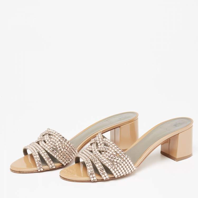 Pre Owned Gina Gold Patent Crystal Embellished Slide Sandals Size 42