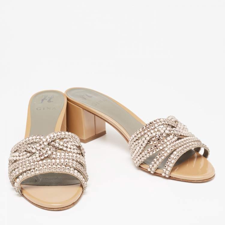 Pre Owned Gina Gold Patent Crystal Embellished Slide Sandals Size 42