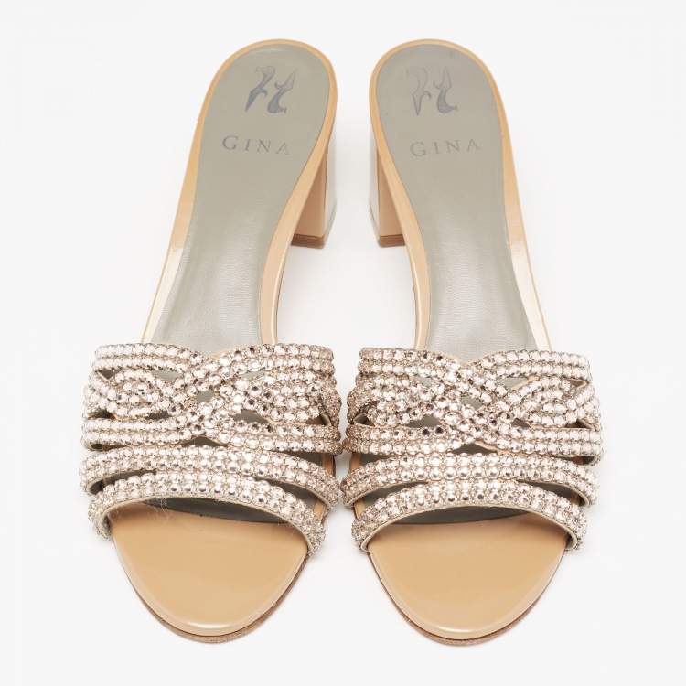 Pre Owned Gina Gold Patent Crystal Embellished Slide Sandals Size 42