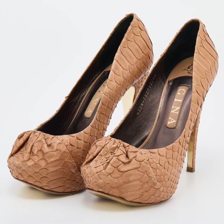 Pre Owned Gina Beige Python Leather Hoodie Platform Pumps Size 39