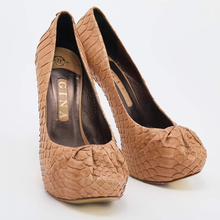Pre Owned Gina Beige Python Leather Hoodie Platform Pumps Size 39