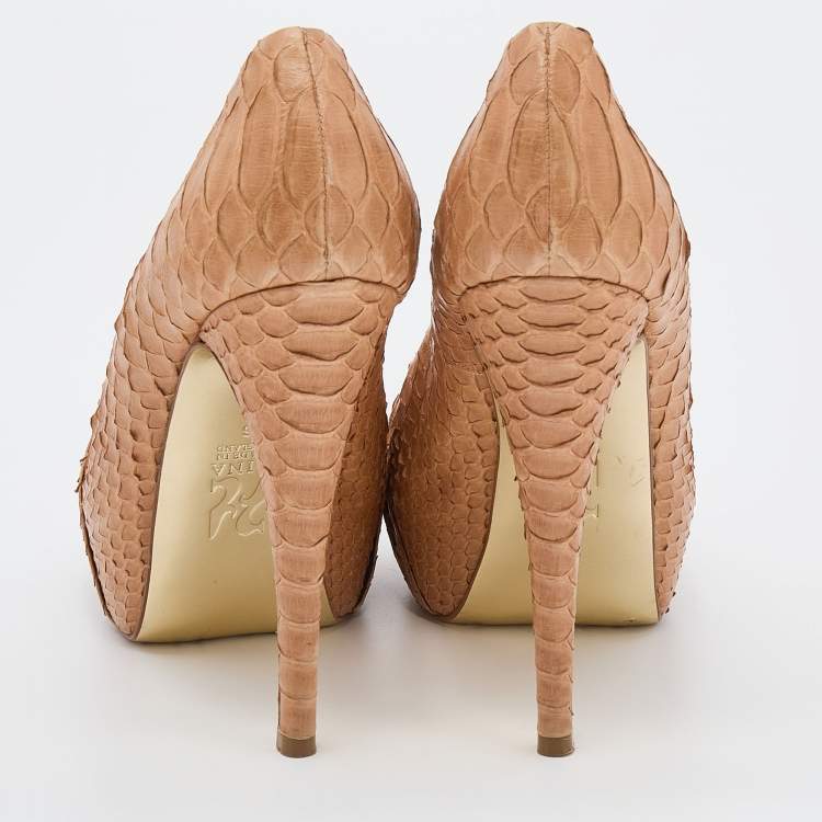 Pre Owned Gina Beige Python Leather Hoodie Platform Pumps Size 39