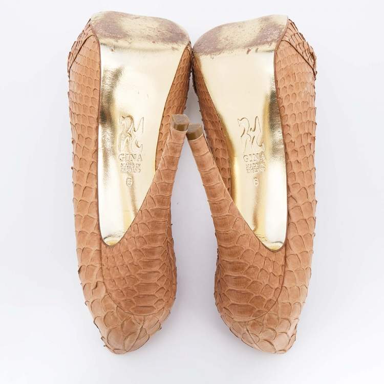 Pre Owned Gina Beige Python Leather Hoodie Platform Pumps Size 39