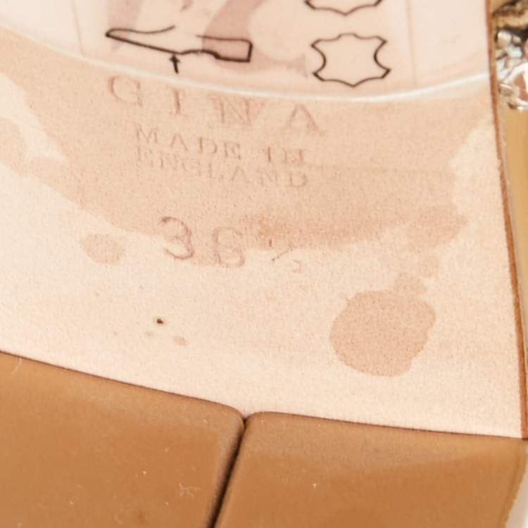 Pre Owned Gina Beige Crystals Embellished Leather Slide Sandals Size 36.5