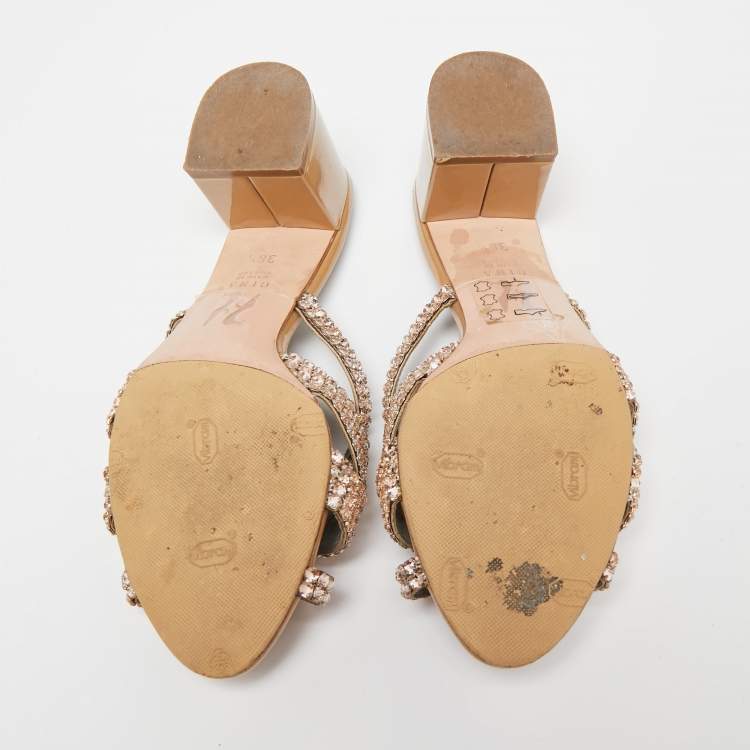 Pre Owned Gina Beige Crystals Embellished Leather Slide Sandals Size 36.5