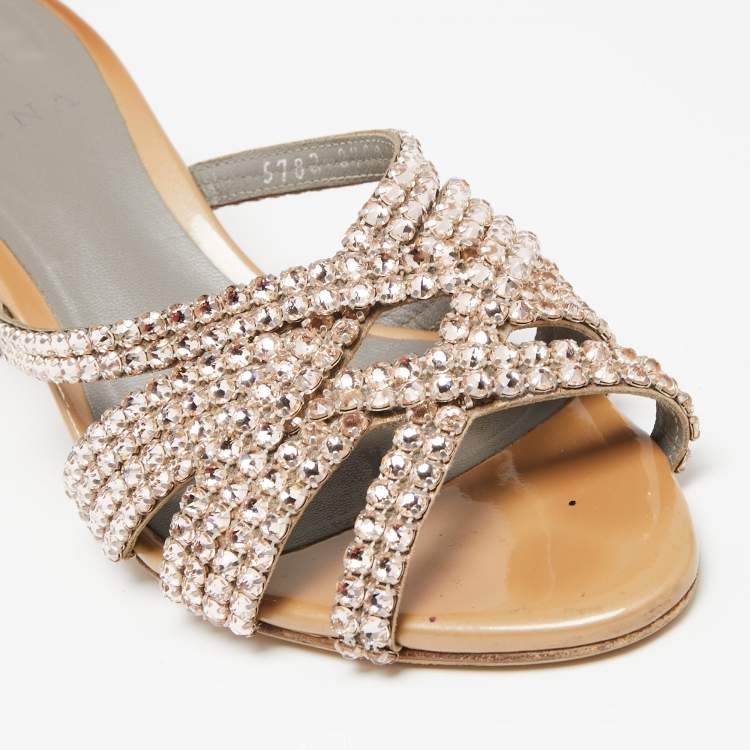 Pre Owned Gina Beige Crystals Embellished Leather Slide Sandals Size 36.5