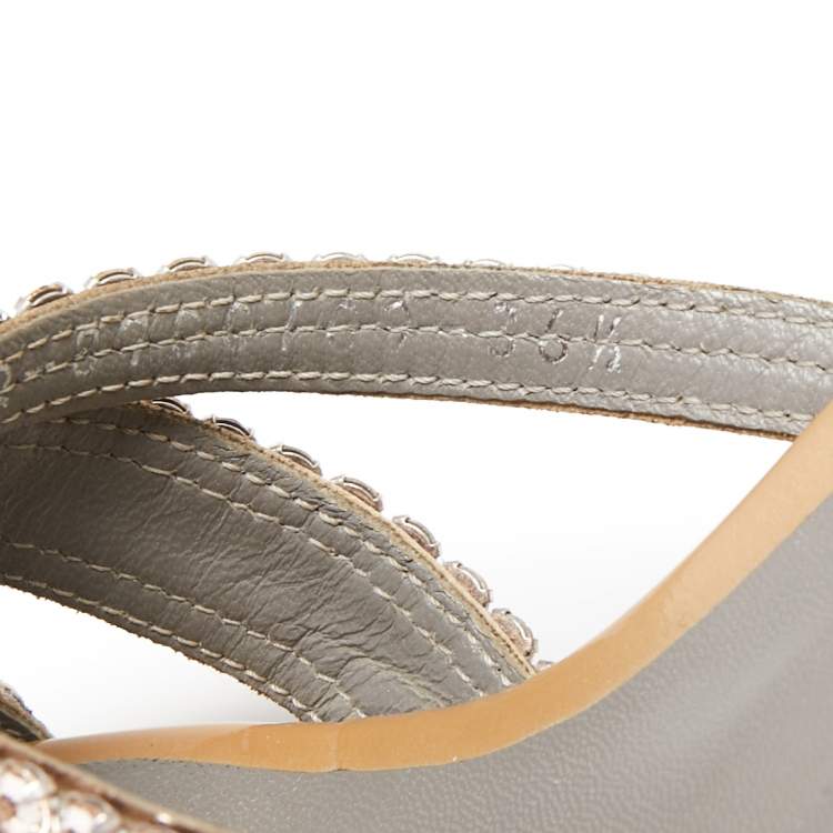 Pre Owned Gina Beige Crystals Embellished Leather Slide Sandals Size 36.5