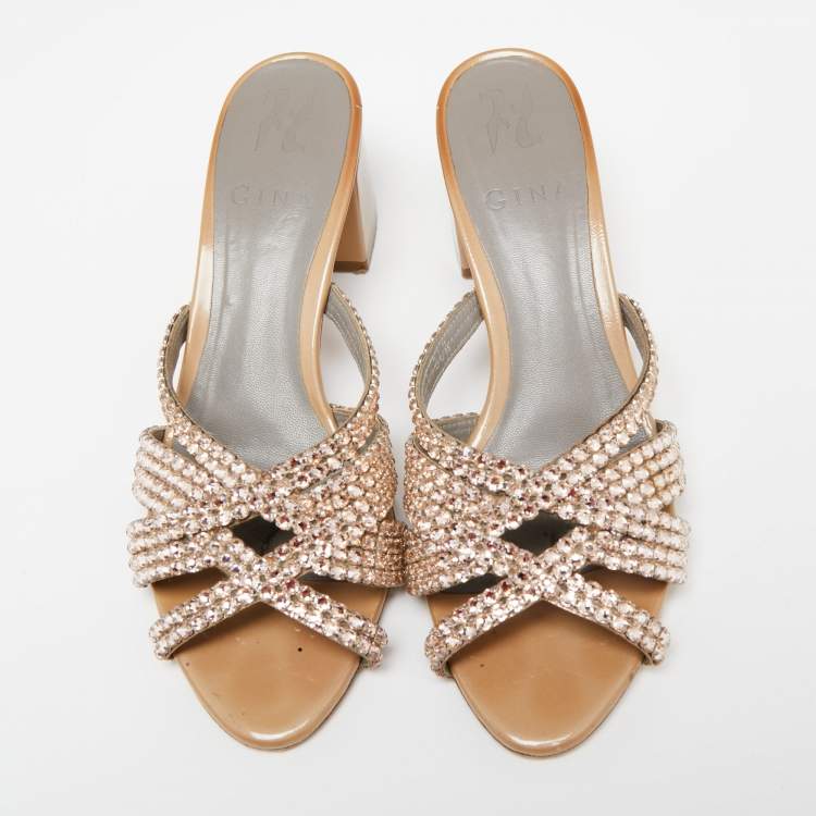 Pre Owned Gina Beige Crystals Embellished Leather Slide Sandals Size 36.5