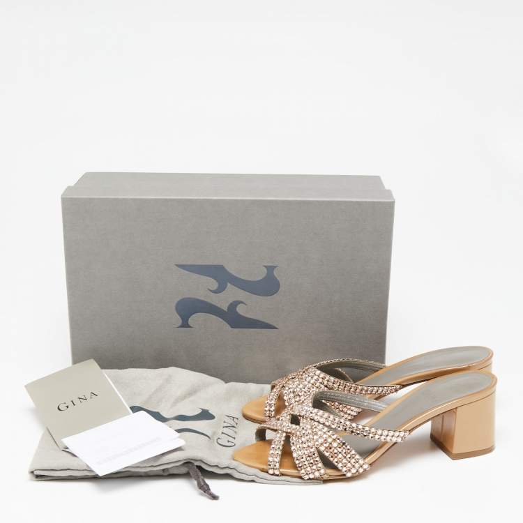 Pre Owned Gina Beige Crystals Embellished Leather Slide Sandals Size 36.5