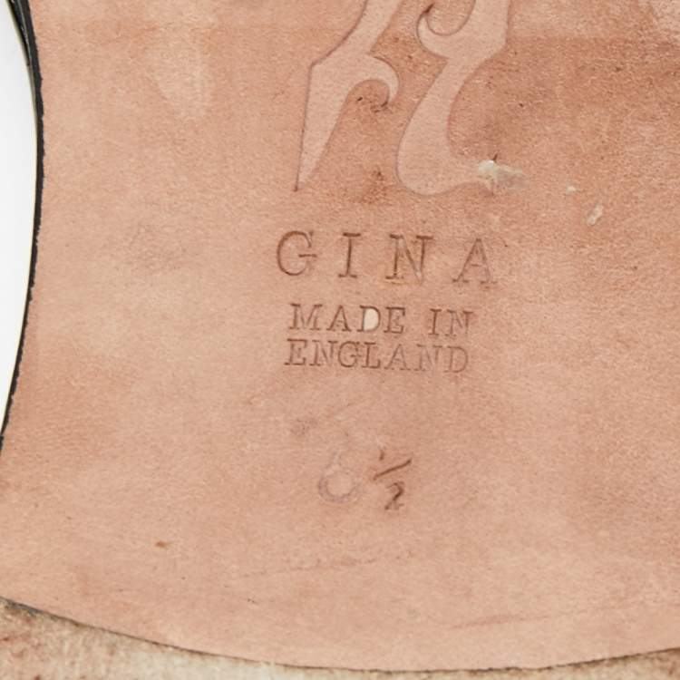 Pre Owned Gina Silver/Black Crystal Embellished Leather Loren Flat Slides Size 39.5