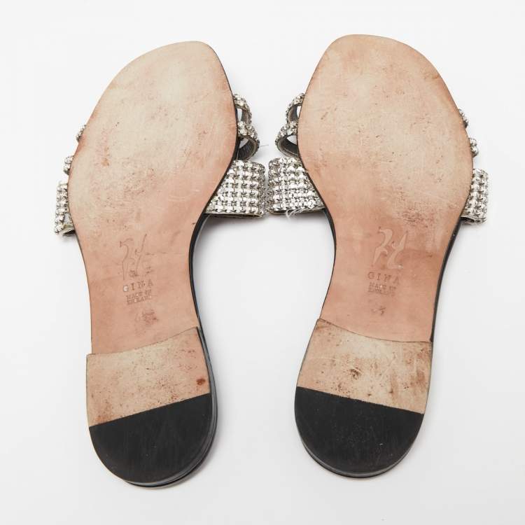 Pre Owned Gina Silver/Black Crystal Embellished Leather Loren Flat Slides Size 39.5