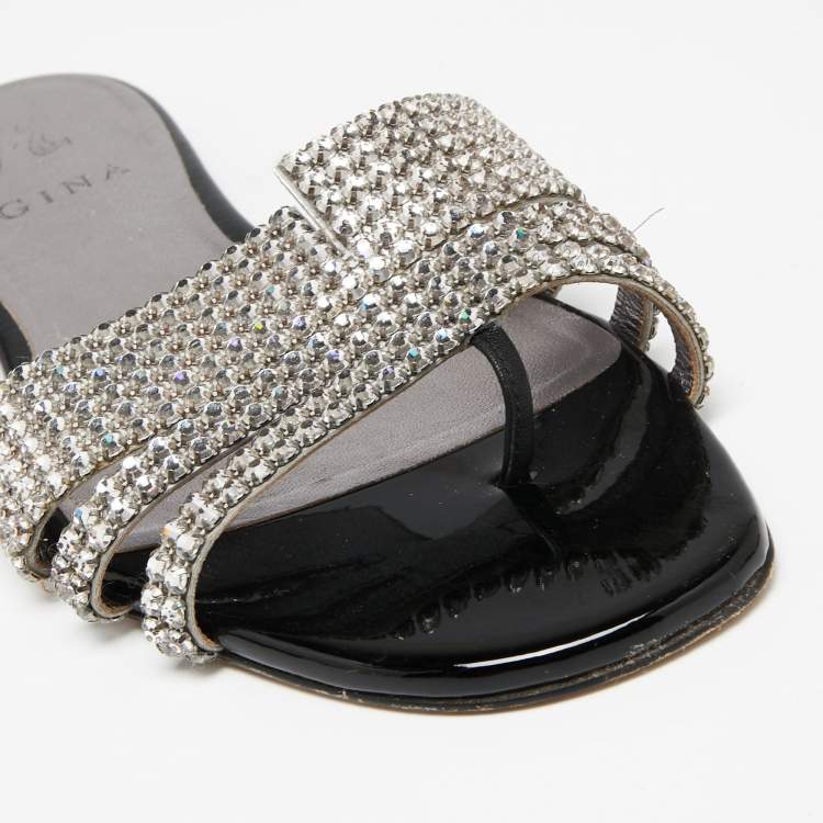 Pre Owned Gina Silver/Black Crystal Embellished Leather Loren Flat Slides Size 39.5