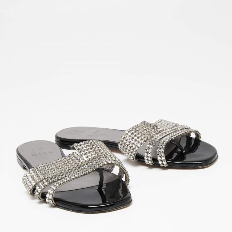 Pre Owned Gina Silver/Black Crystal Embellished Leather Loren Flat Slides Size 39.5