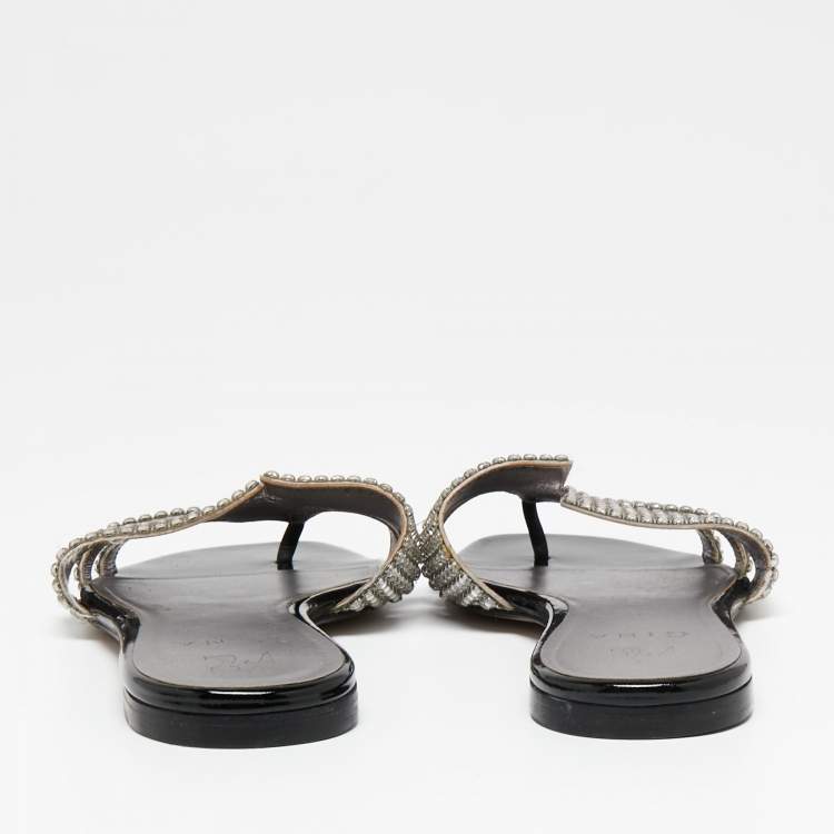 Pre Owned Gina Silver/Black Crystal Embellished Leather Loren Flat Slides Size 39.5