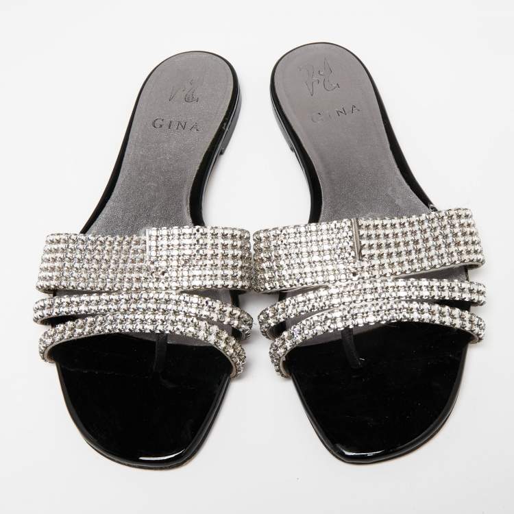 Pre Owned Gina Silver/Black Crystal Embellished Leather Loren Flat Slides Size 39.5