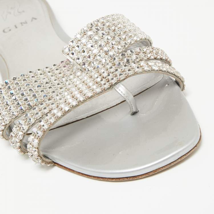 Pre Owned Gina Silver Crystal Embellished Leather Flat Slides Size 40
