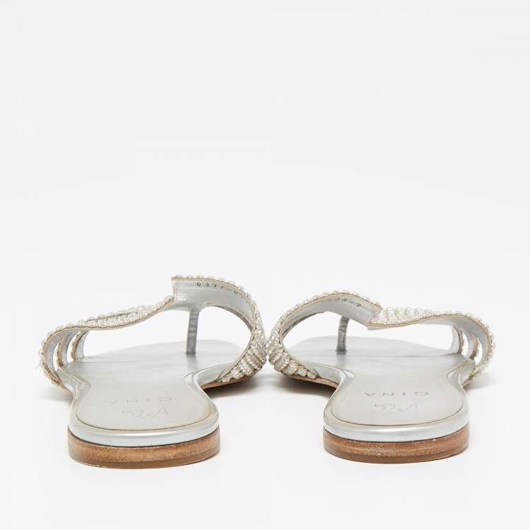Pre Owned Gina Silver Crystal Embellished Leather Flat Slides Size 40