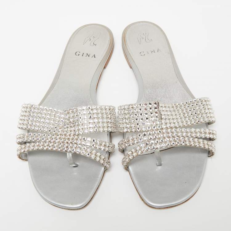 Pre Owned Gina Silver Crystal Embellished Leather Flat Slides Size 40