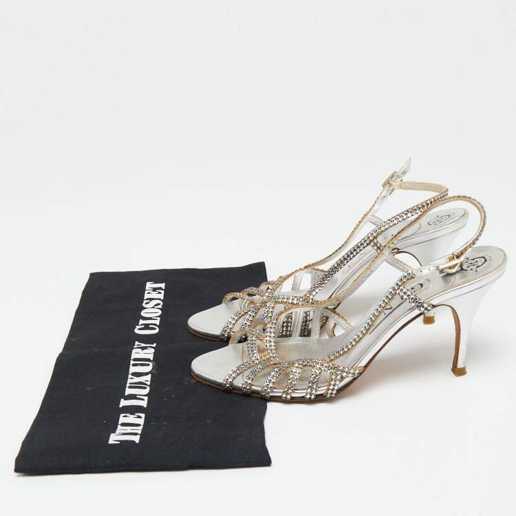 Pre Owned Gina Silver  Leather Crystal Embellished Slingback  Sandals Size 38