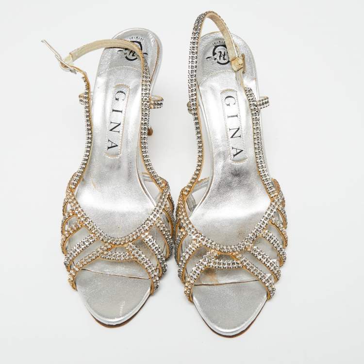 Pre Owned Gina Silver  Leather Crystal Embellished Slingback  Sandals Size 38