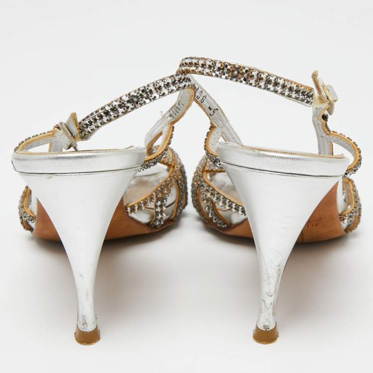 Pre Owned Gina Silver  Leather Crystal Embellished Slingback  Sandals Size 38