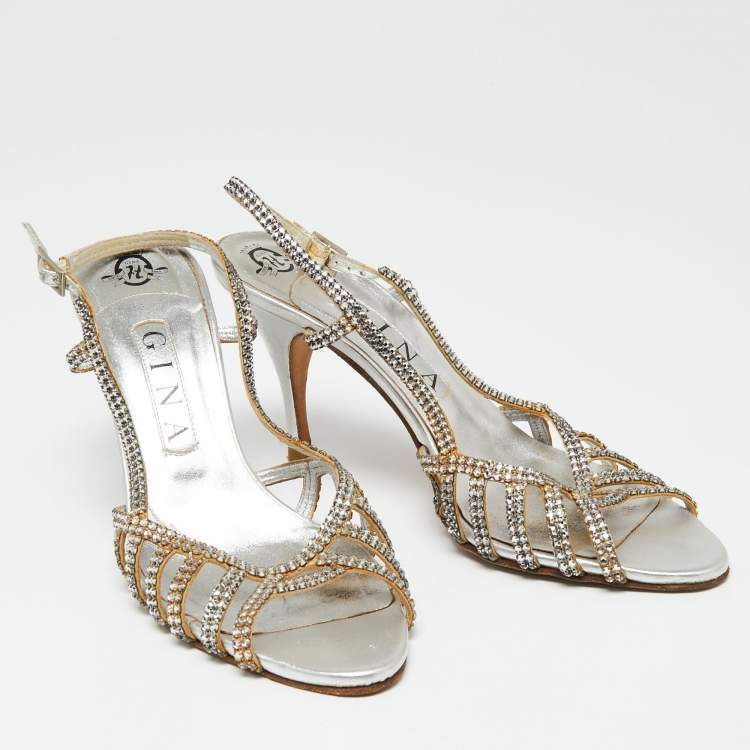 Pre Owned Gina Silver  Leather Crystal Embellished Slingback  Sandals Size 38