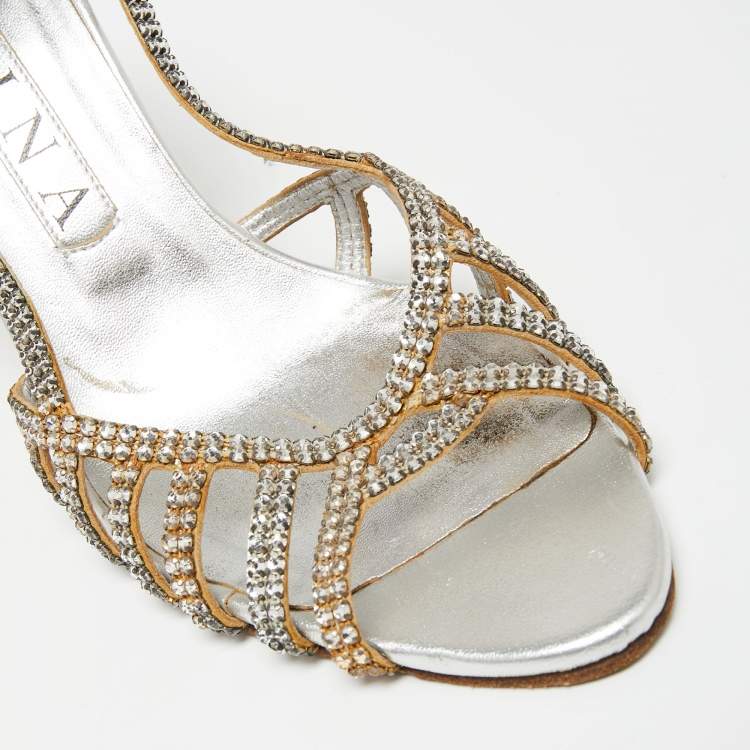 Pre Owned Gina Silver  Leather Crystal Embellished Slingback  Sandals Size 38