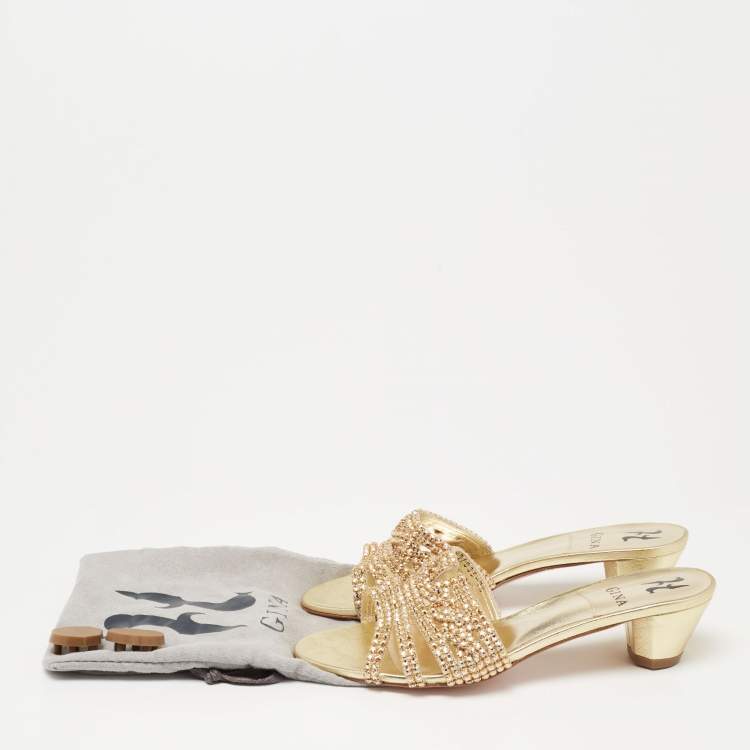 Pre Owned Gina Gold Leather Crystal Embellished Slide Sandals Size 40.5 