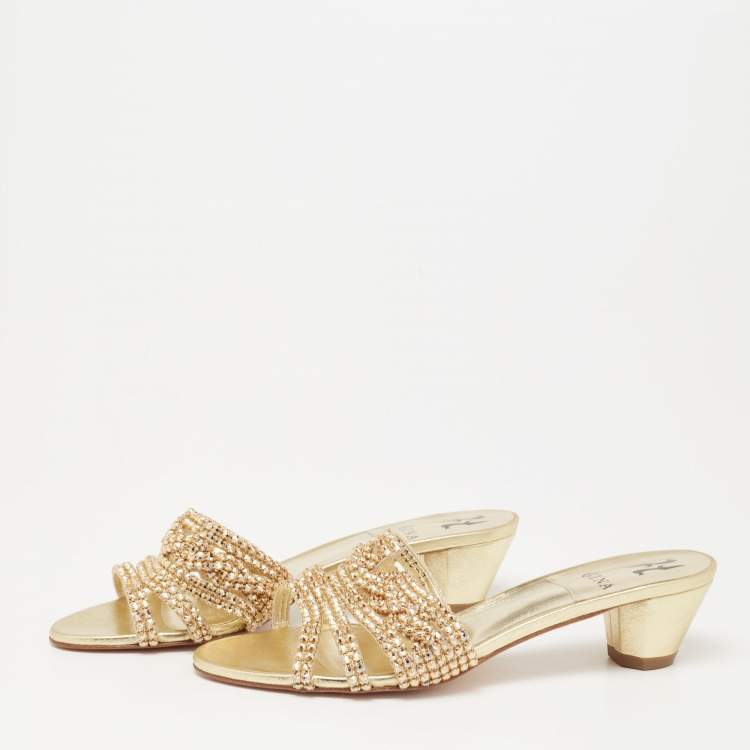 Pre Owned Gina Gold Leather Crystal Embellished Slide Sandals Size 40.5 