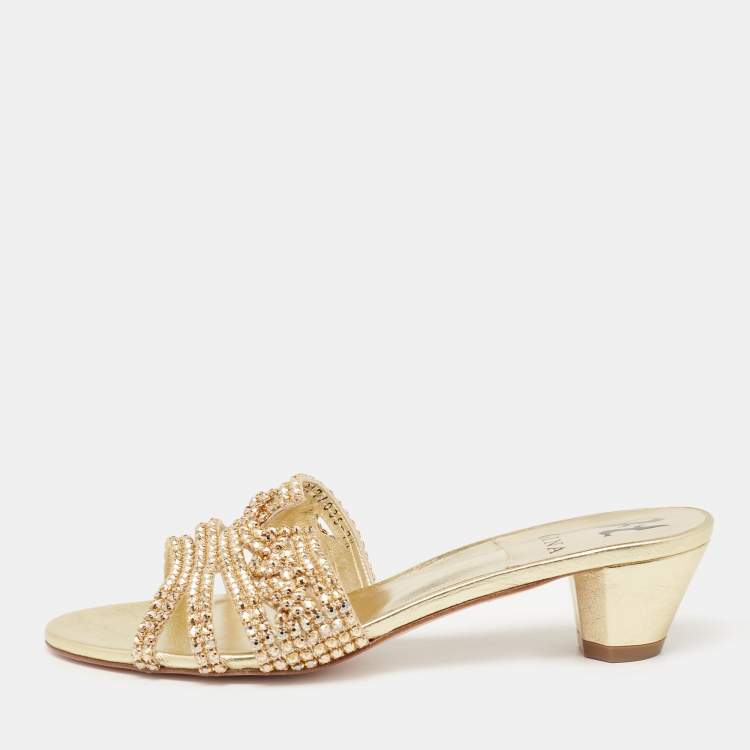 Pre Owned Gina Gold Leather Crystal Embellished Slide Sandals Size 40.5 