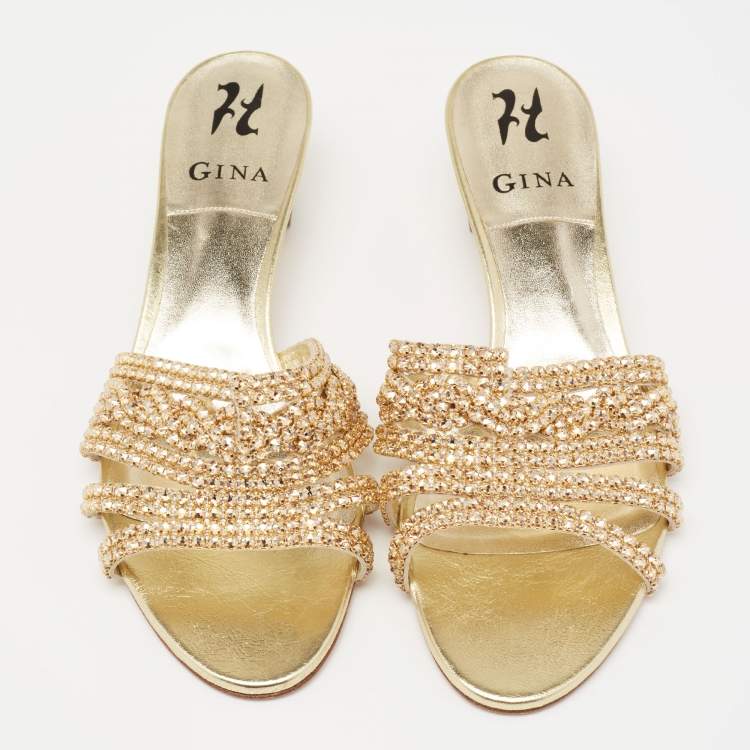 Pre Owned Gina Gold Leather Crystal Embellished Slide Sandals Size 40.5 