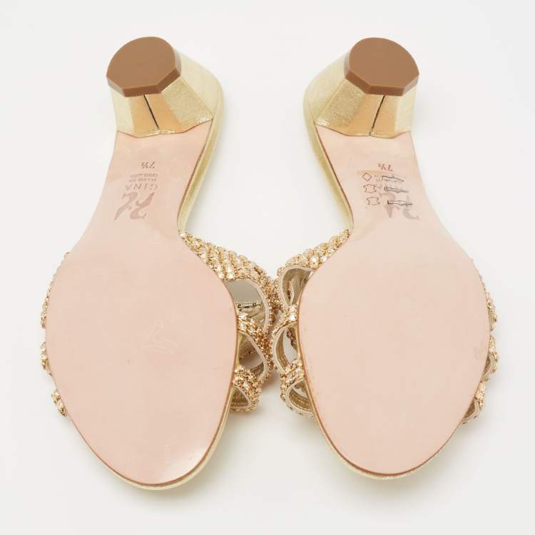 Pre Owned Gina Gold Leather Crystal Embellished Slide Sandals Size 40.5 