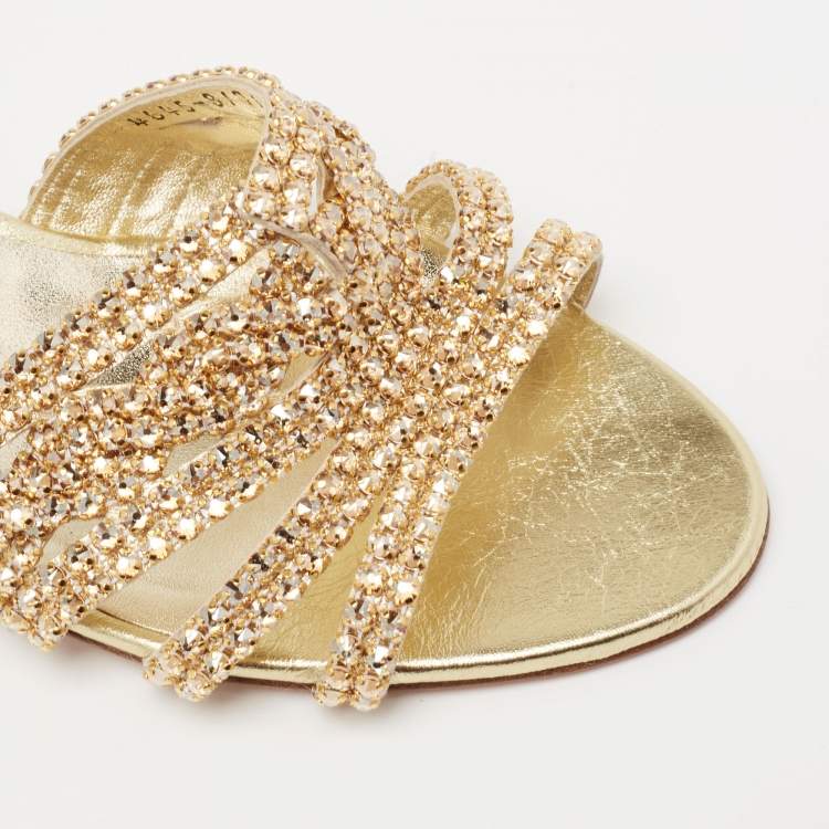 Pre Owned Gina Gold Leather Crystal Embellished Slide Sandals Size 40.5 