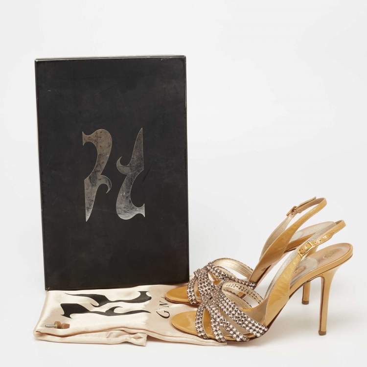 Pre Owned Gina Metallic Gold Patent Leather Crystal Embellished Slingback Sandals Size 38