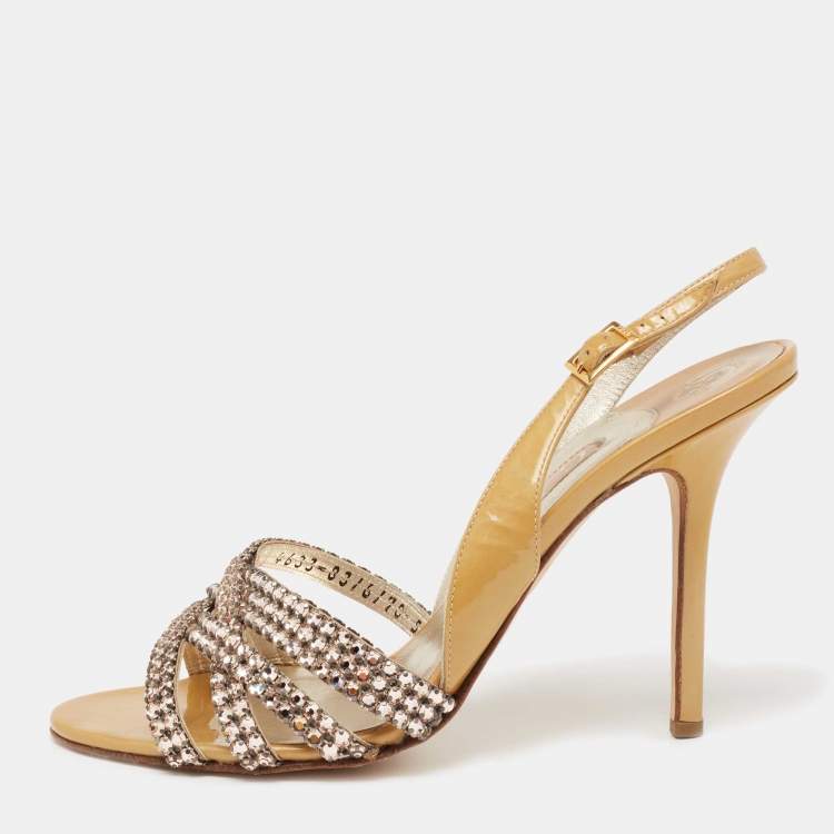 Pre Owned Gina Metallic Gold Patent Leather Crystal Embellished Slingback Sandals Size 38