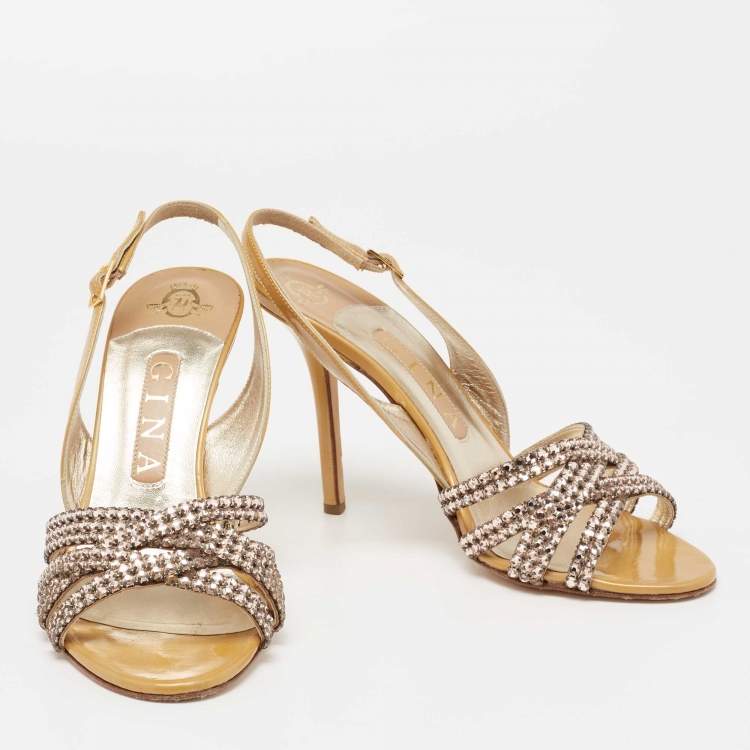 Pre Owned Gina Metallic Gold Patent Leather Crystal Embellished Slingback Sandals Size 38