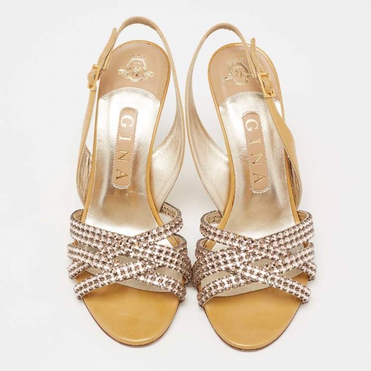 Pre Owned Gina Metallic Gold Patent Leather Crystal Embellished Slingback Sandals Size 38