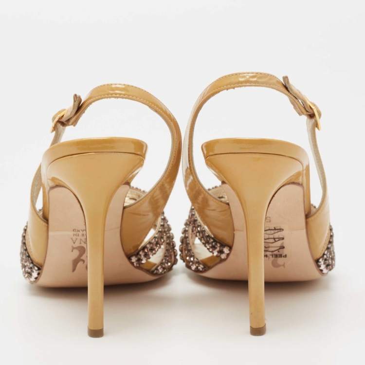 Pre Owned Gina Metallic Gold Patent Leather Crystal Embellished Slingback Sandals Size 38