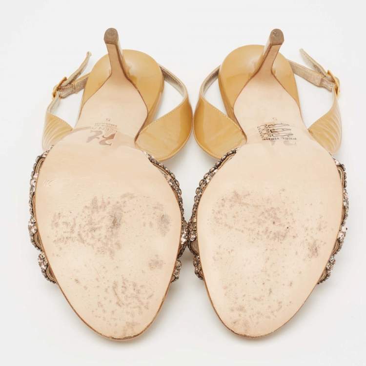 Pre Owned Gina Metallic Gold Patent Leather Crystal Embellished Slingback Sandals Size 38