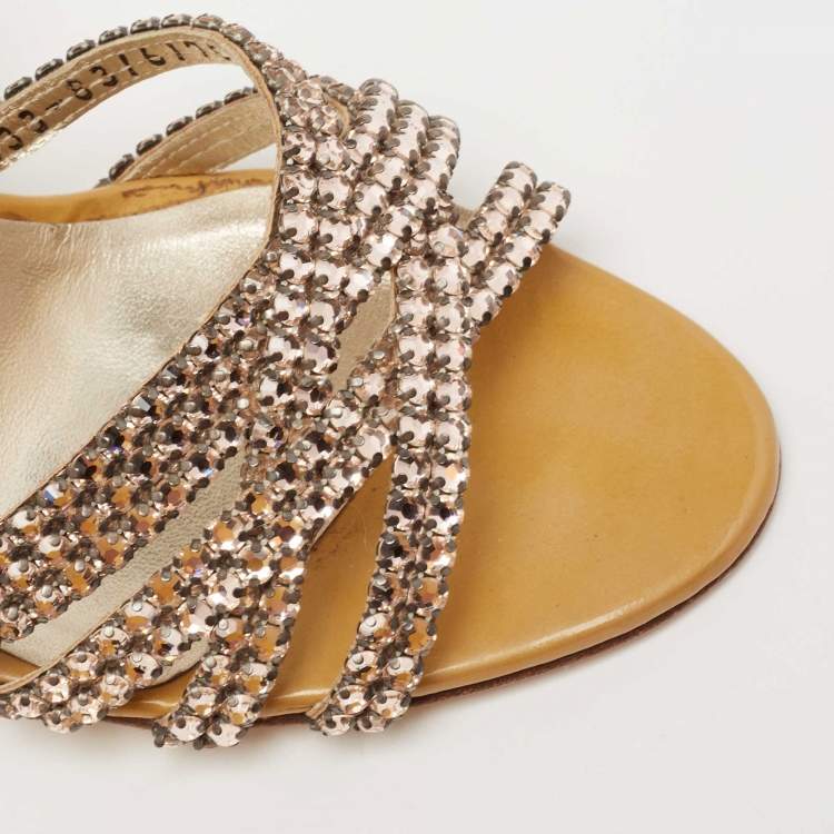 Pre Owned Gina Metallic Gold Patent Leather Crystal Embellished Slingback Sandals Size 38