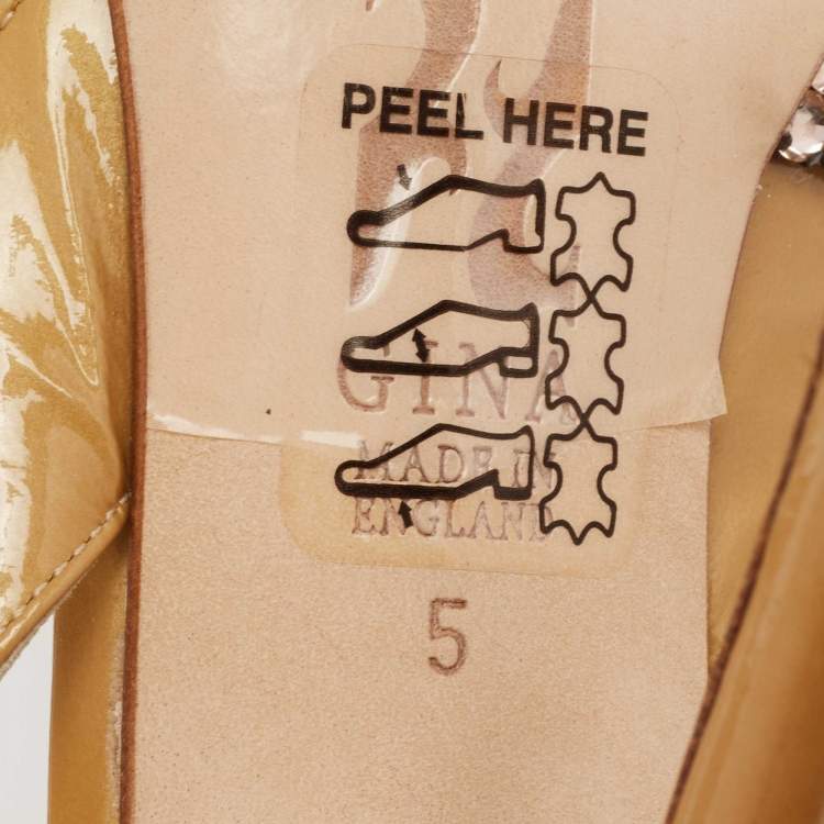 Pre Owned Gina Metallic Gold Patent Leather Crystal Embellished Slingback Sandals Size 38