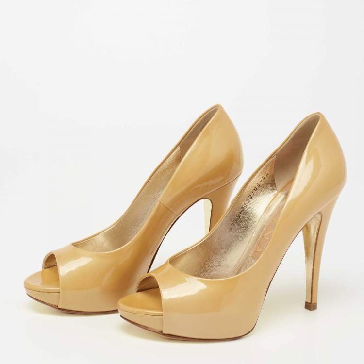 Pre Owned Gina Mustard Yellow Patent Leather Peep-Toe Pumps Size 37.5