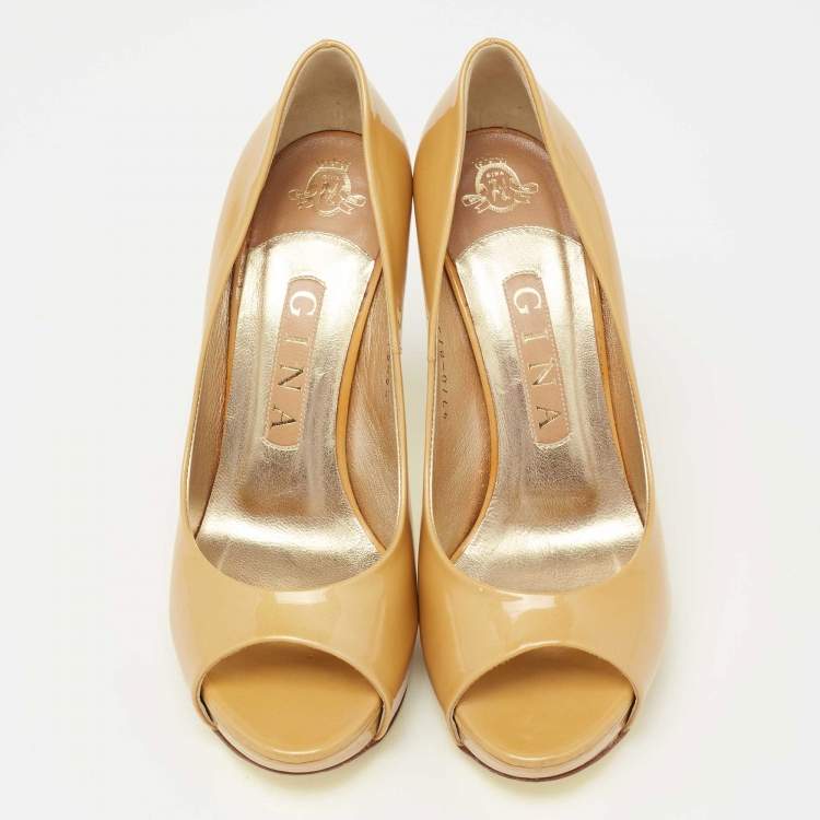 Pre Owned Gina Mustard Yellow Patent Leather Peep-Toe Pumps Size 37.5