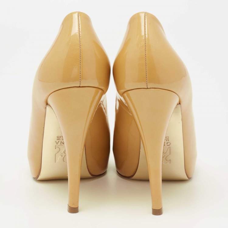 Pre Owned Gina Mustard Yellow Patent Leather Peep-Toe Pumps Size 37.5
