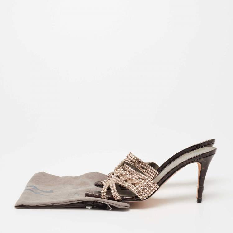 Pre Owned Gina Loren Brown Croc Embossed Patent Leather Slide Sandals Size 39.5