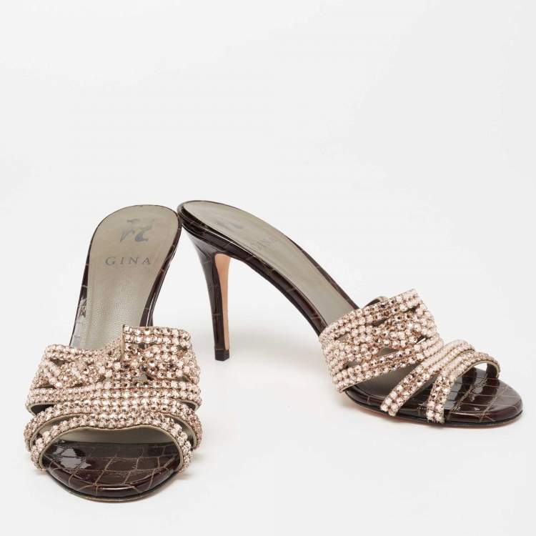 Pre Owned Gina Loren Brown Croc Embossed Patent Leather Slide Sandals Size 39.5