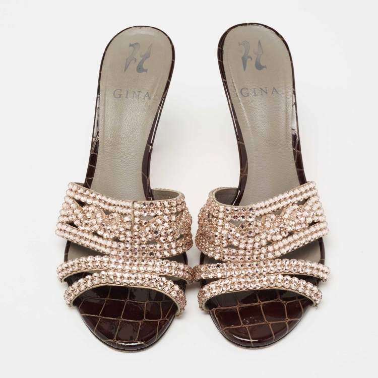 Pre Owned Gina Loren Brown Croc Embossed Patent Leather Slide Sandals Size 39.5